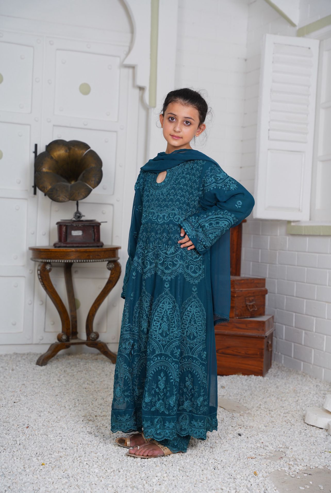 Mother & Daughter Ready to Wear Chiffon Maxi Dress Teal D-307| Shop Pakistani Dresses