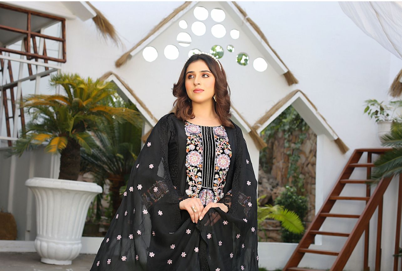 3 Pc Stitched Lawn Cotton Suit Embroidered Chiffon Dupatta black D-1