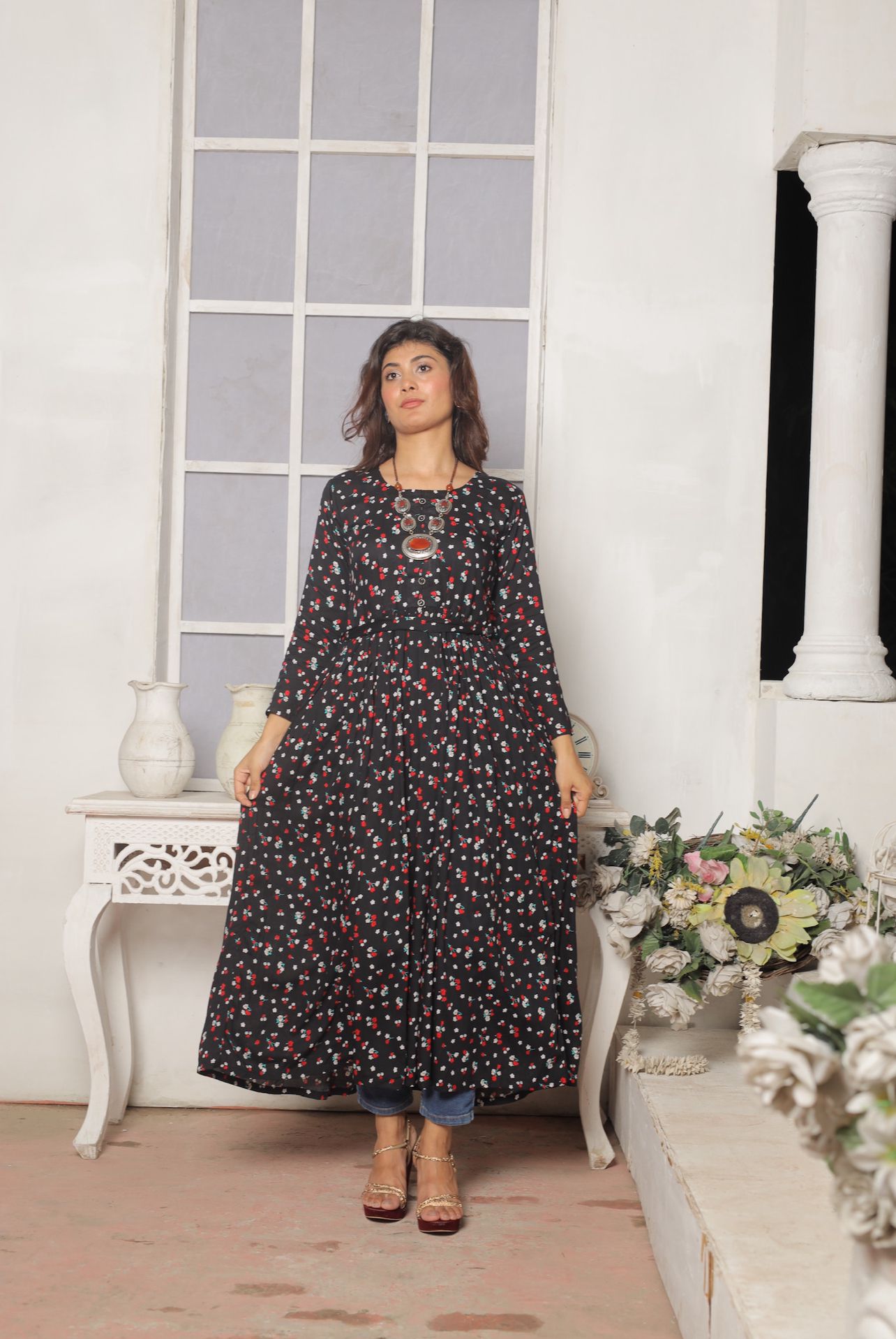 1 Pc Printed  Linen Maxi Dress D-1412