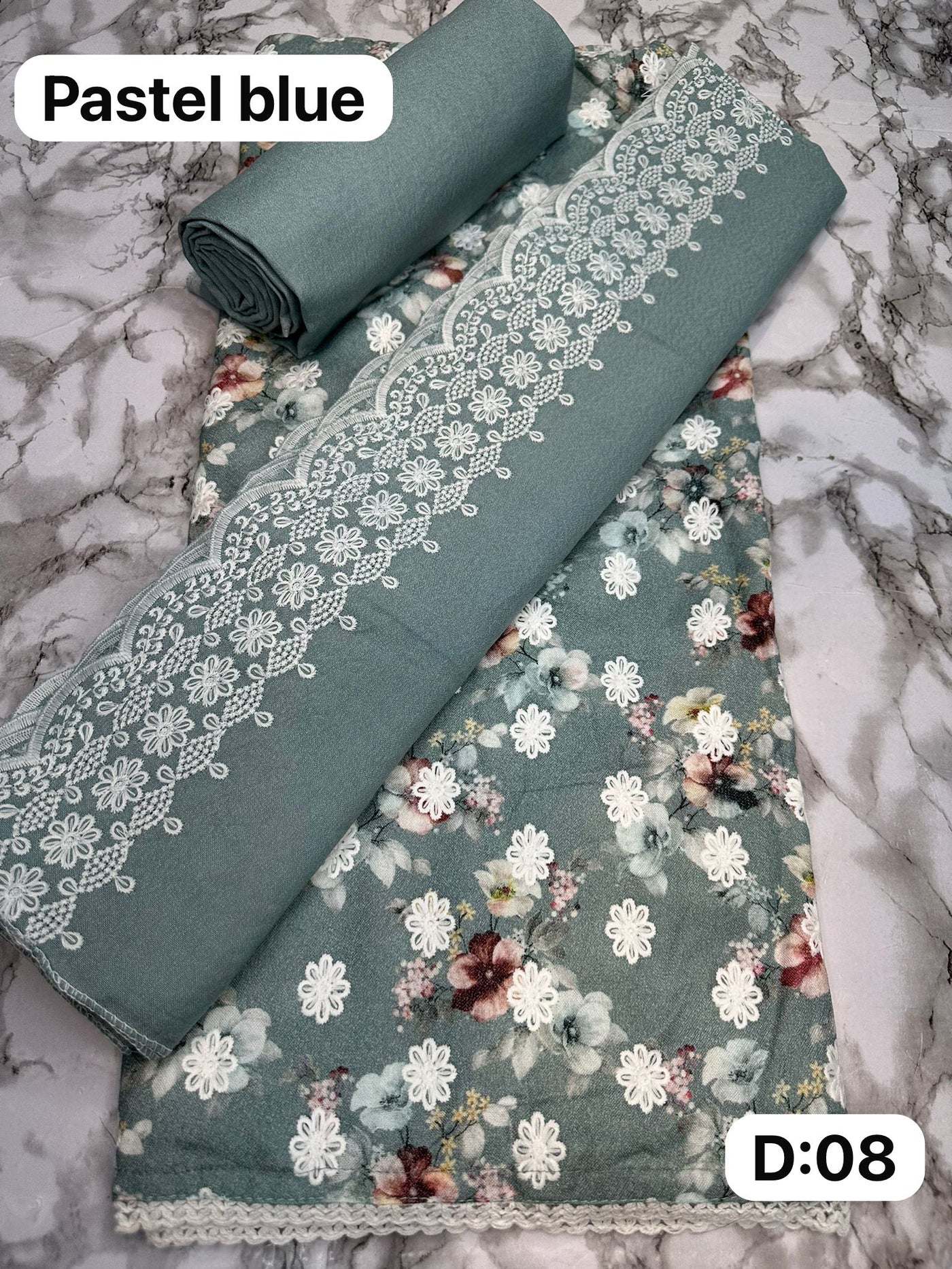 D08 Pastel Blue Winter Embroidered Unstitched Alpine Suit