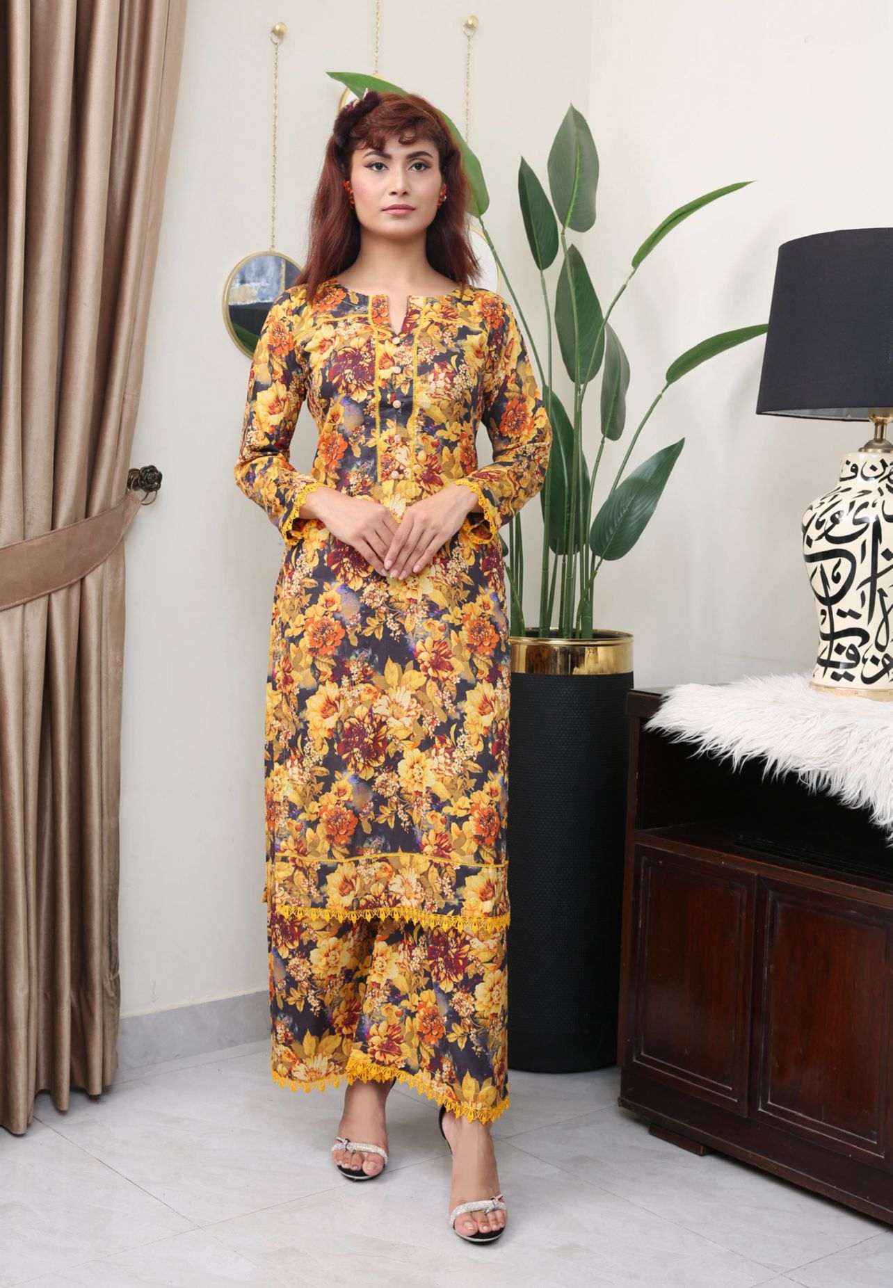 Floral Printed Premium Lawn Plazzo Suit Co-Ords Set IJ-46