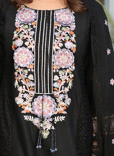 3 Pc Stitched Lawn Cotton Suit Embroidered Chiffon Dupatta black D-1