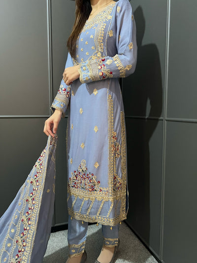 Gray Embroidered Chiffon Mother & Daughter Ready to Wear Collection - Perfect for Family Outfits