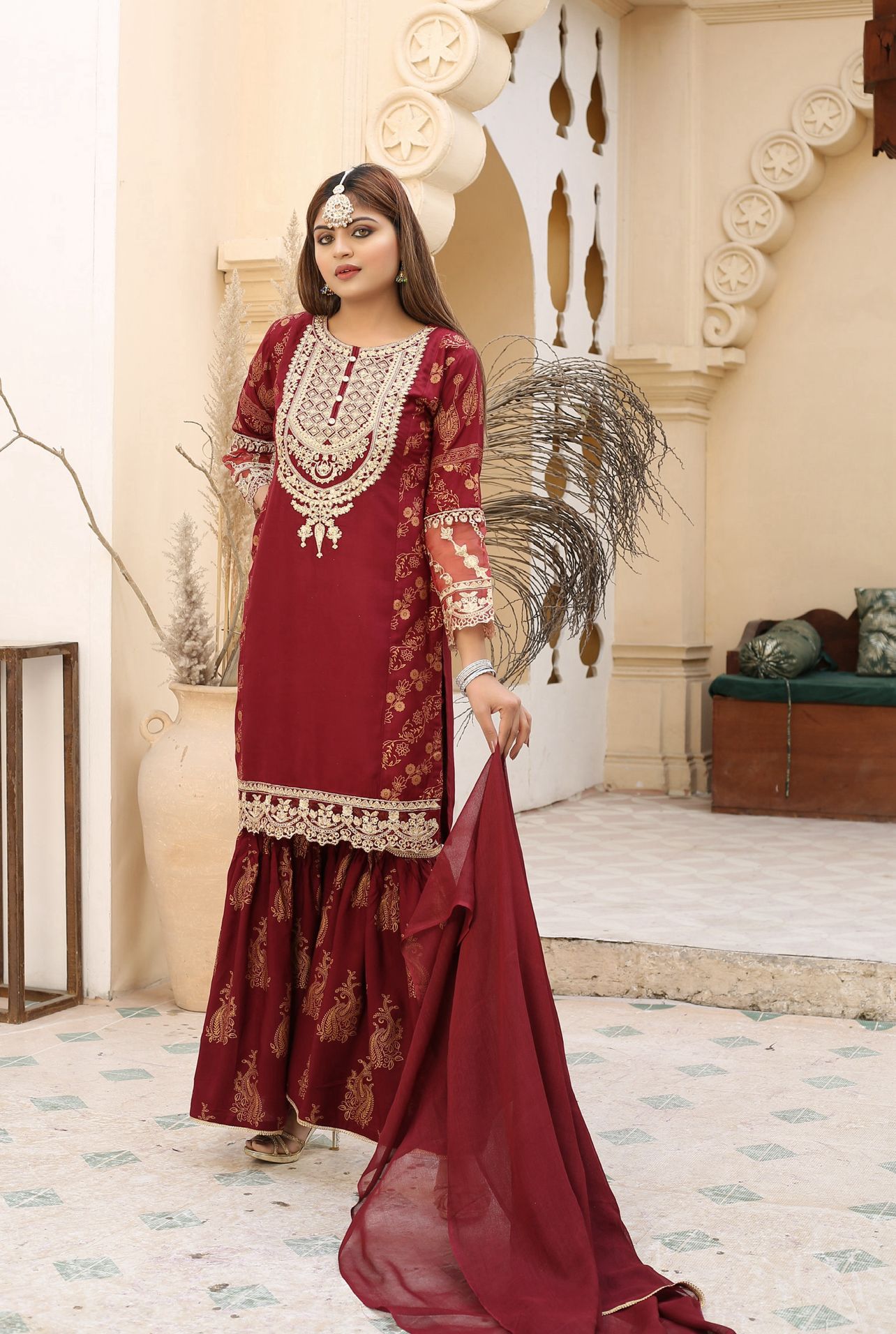 Embroidered Linen Sharara Suit With Chiffon Dupatta Maroon D-173