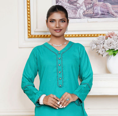 AQUA 2 PIECE PLAIN DHANAK READY TO WEAR SUIT  D-4010