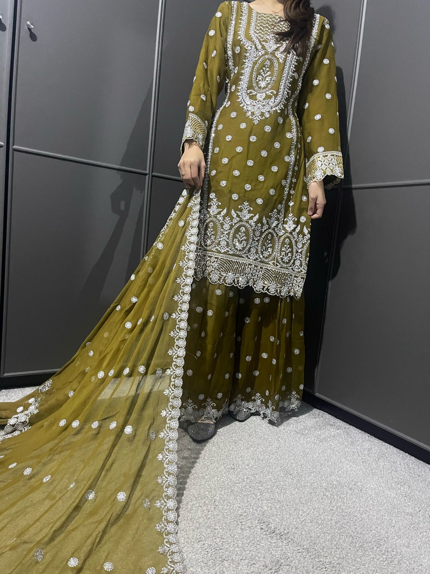 OLIVE GREEN - Mahham Luxury Chiffon Gharara Collection