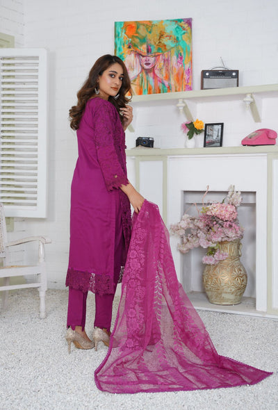 Premium Lawn 3 Piece Outfit With Printed Net Dupatta Pink D-9B