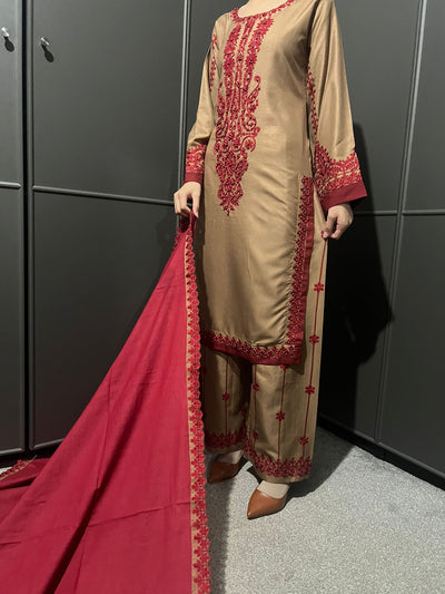 3 Pc Embroidered Dhanak Readymade Plazzo Suit with Winter shawl