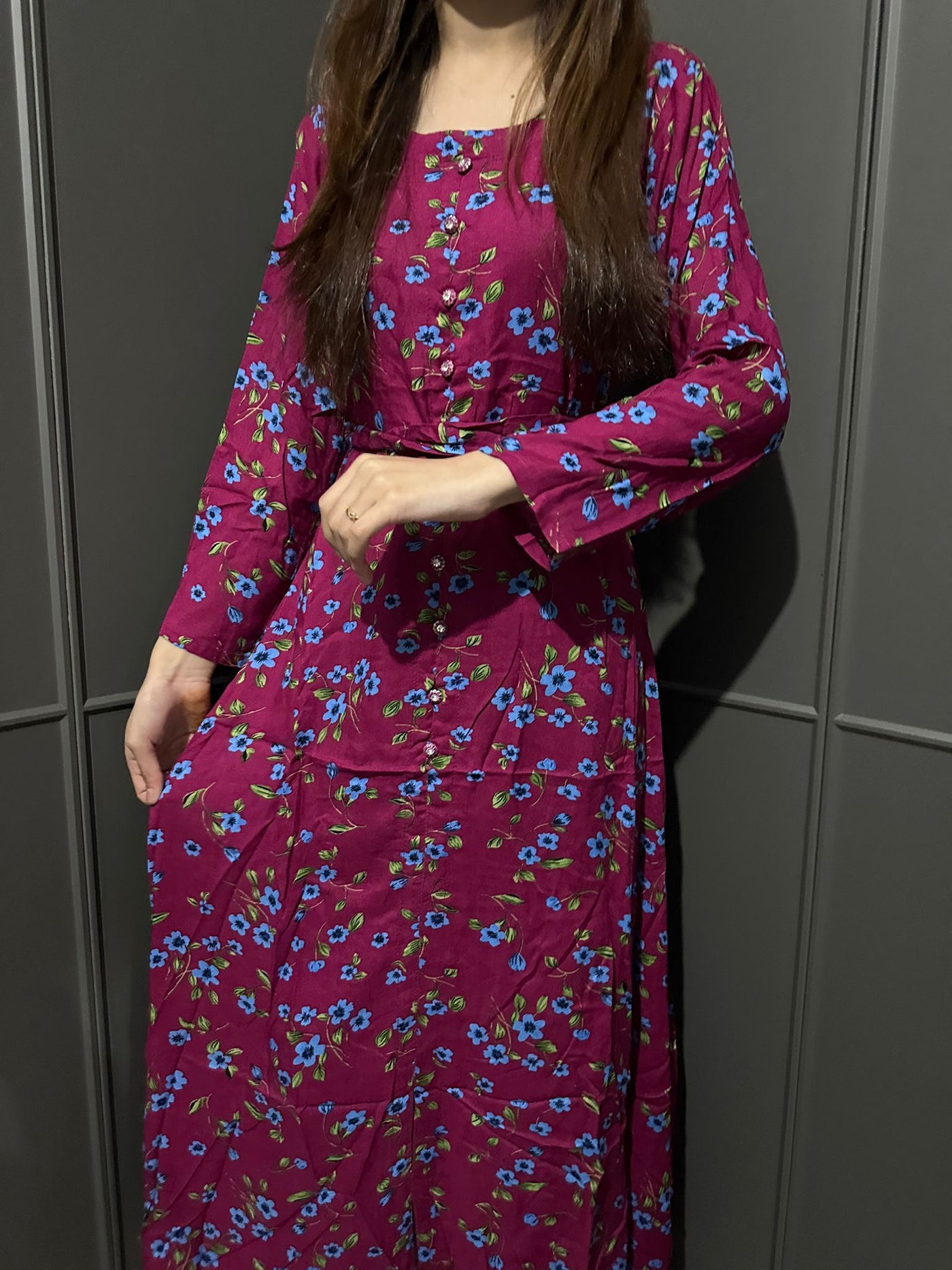 D-9 Pink&Blue Printed Long Dress in Linen Martial Fabric for Casual Wear - Womenswear