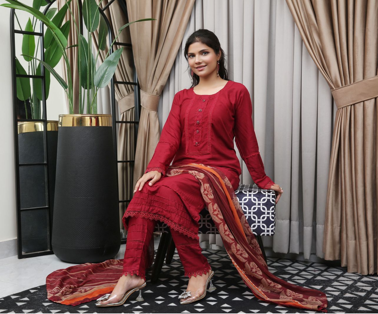 MAROON 3 PIECE PLAIN LINEN READY TO WEAR TROUSER SUIT D-26