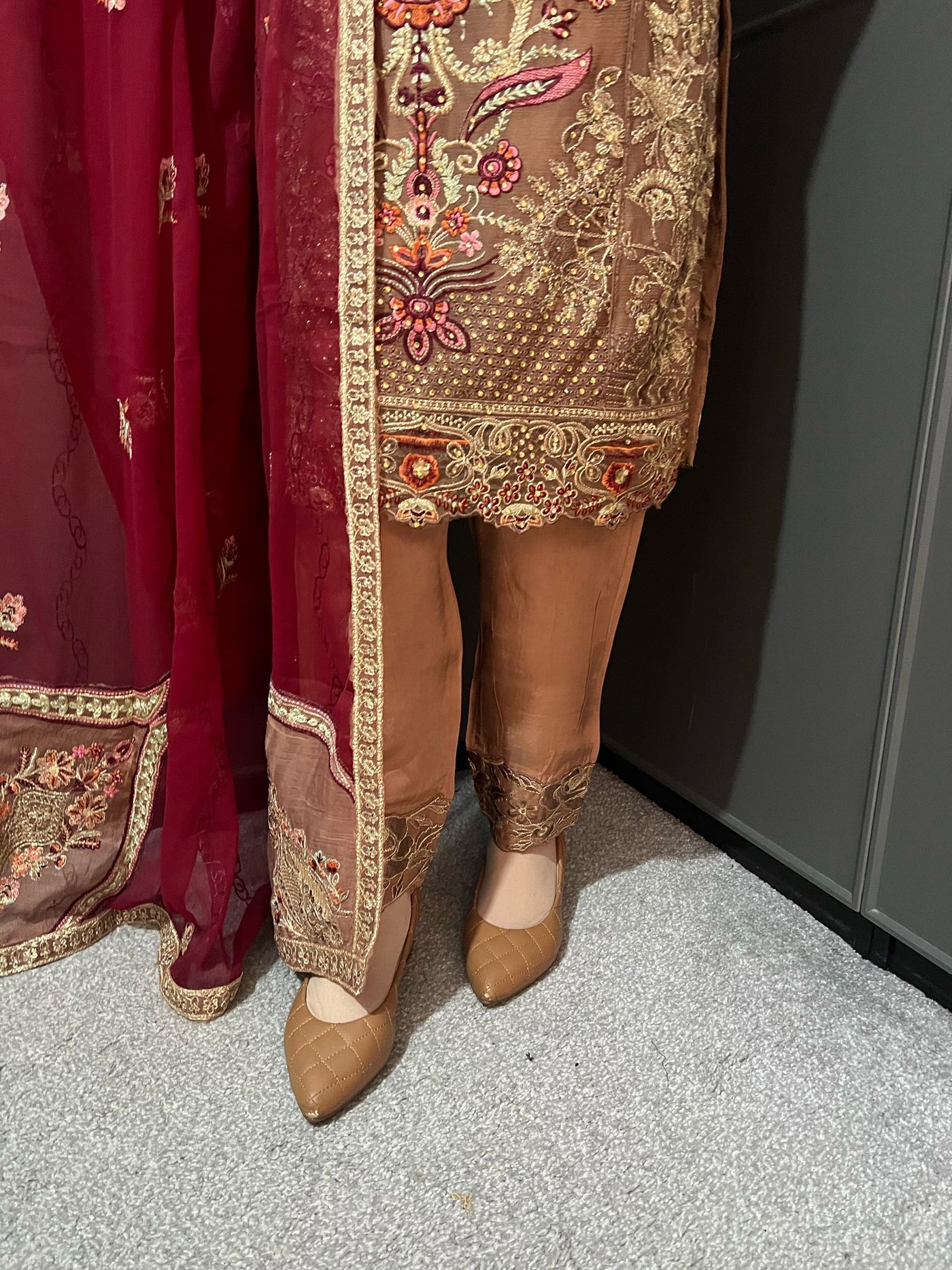 Brown Embroidered Chiffon Mother & Daughter Ready to Wear Collection - Perfect for Family Outfits