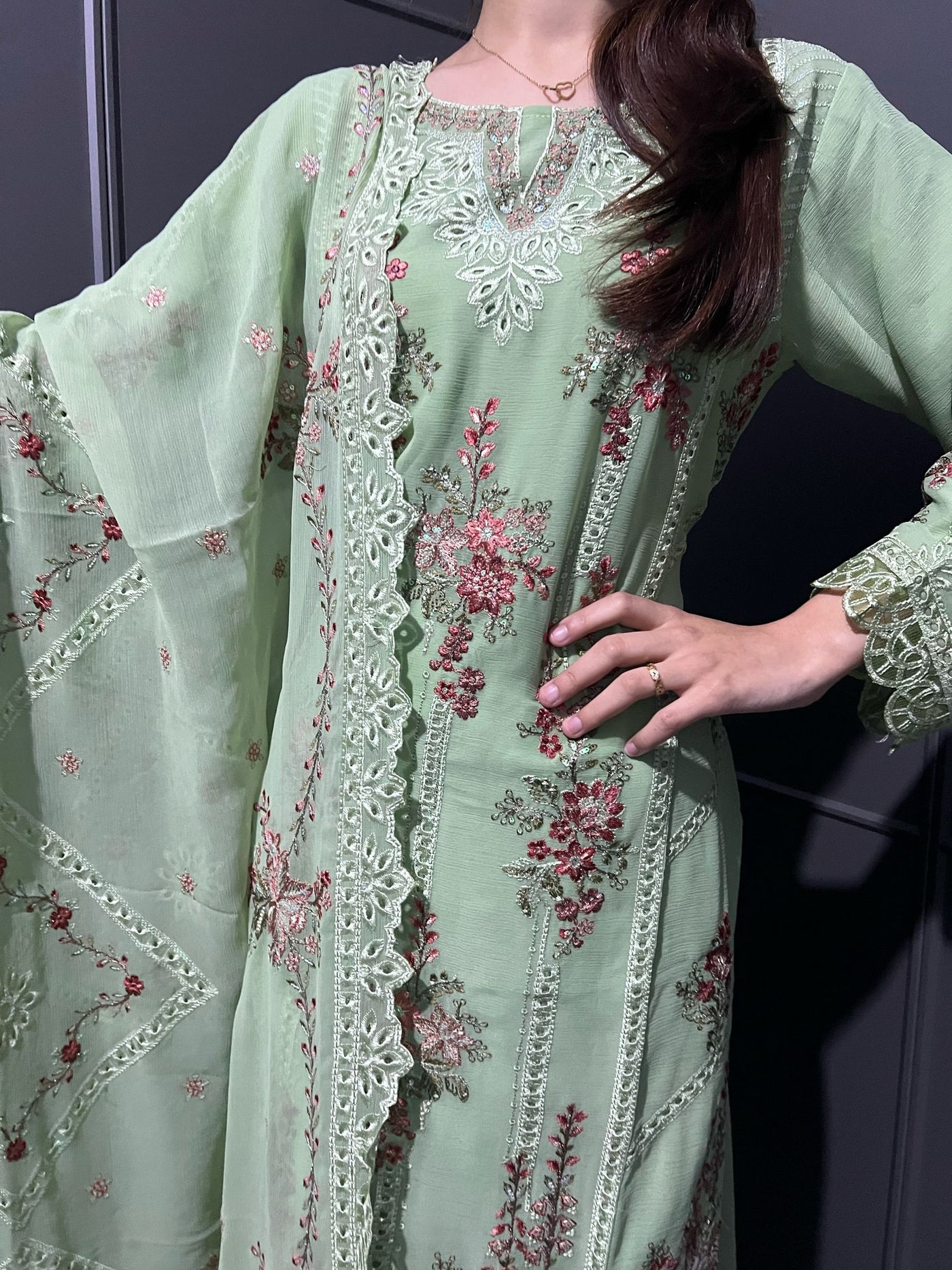 D-1 PISTA  3Pc Embroidered Chiffon Collection With Embroidered Chiffon Duptta