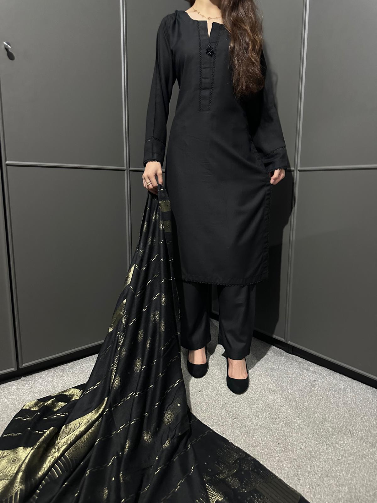 BLACK  3 PIECE PLAIN | DHANAK READY TO WEAR | SUIT WITH SHAWAL