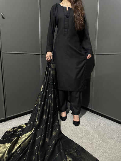 BLACK  3 PIECE PLAIN | DHANAK READY TO WEAR | SUIT WITH SHAWAL