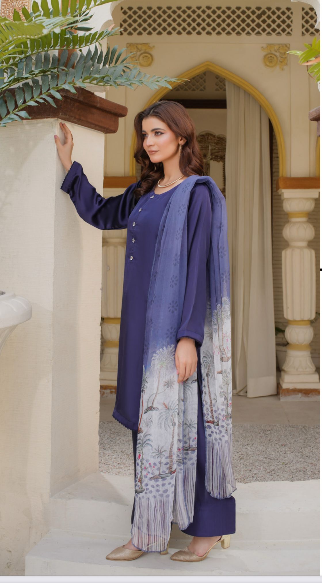 FARSHI SHALWAR Plain Silk 3 Piece Outfit With Printed Chiffon | Buy Pakistani Suits online from Mahham Collection | Image 3 of 4