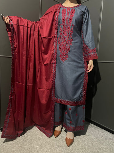 3 Pc Embroidered Dhanak Readymade Plazzo Suit with Winter shawl