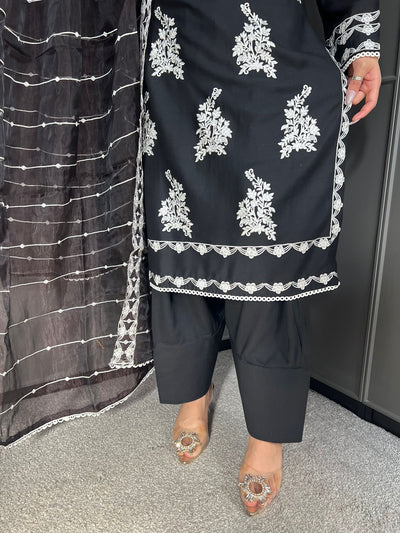 Black- FARSHI SHALWAR|Embroidered Linen 3 Piece |Outfit for Women - Asian Clothing