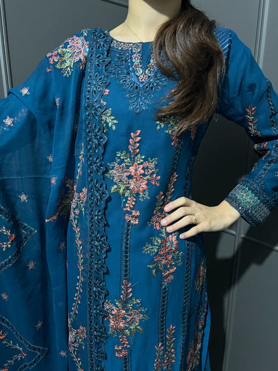 D-5 TEAL 3Pc Embroidered Chiffon Collection With Embroidered Chiffon Duptta