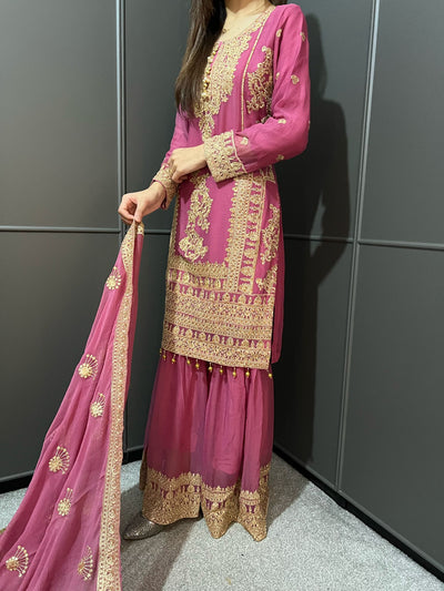 PINK- Embroidered Gharara Chiffon Mother & Daughter Ready to Wear Collection - Perfect for Family