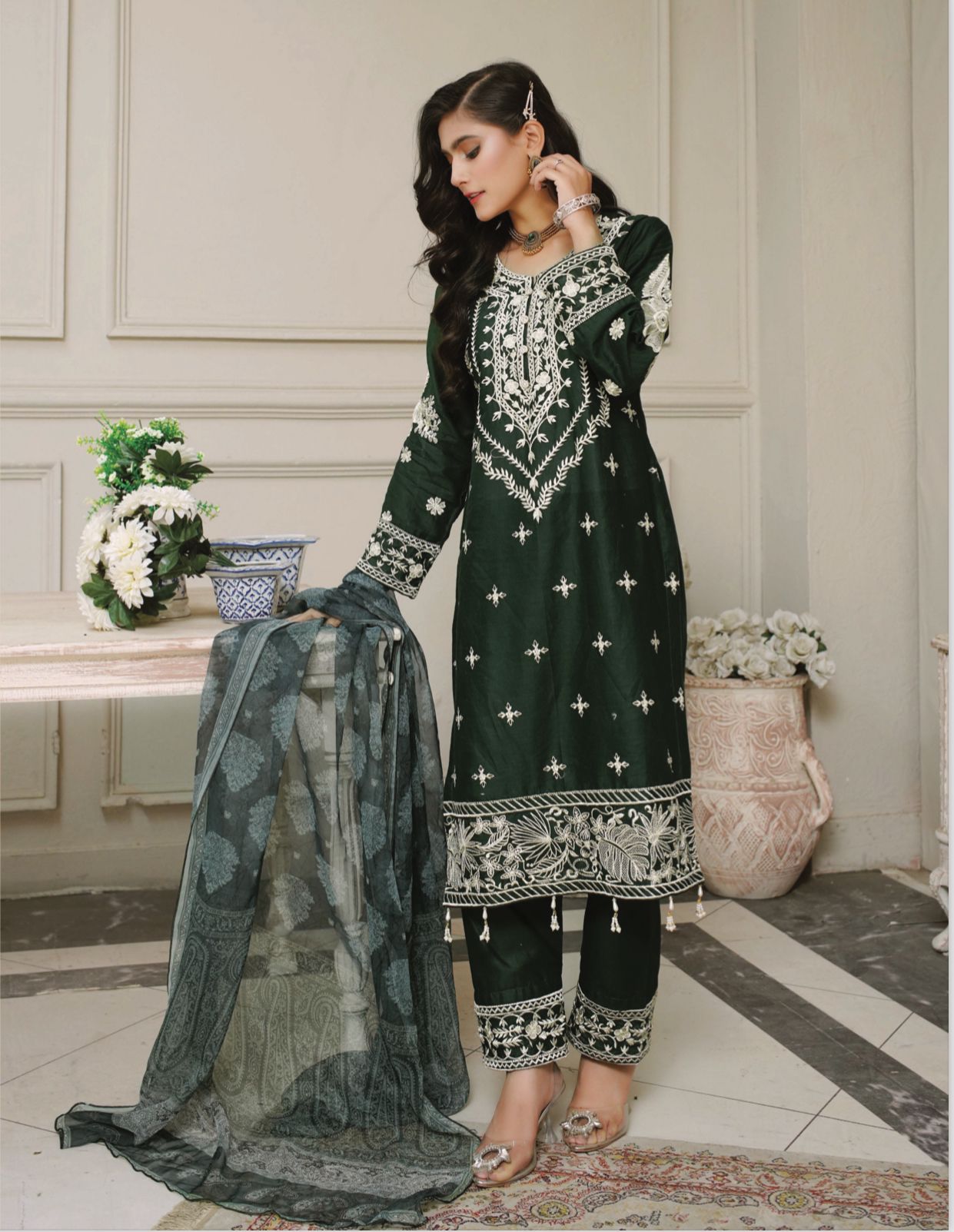 3 Piece Embroidered Lawn With Bamber Chiffon Dupatta D-02