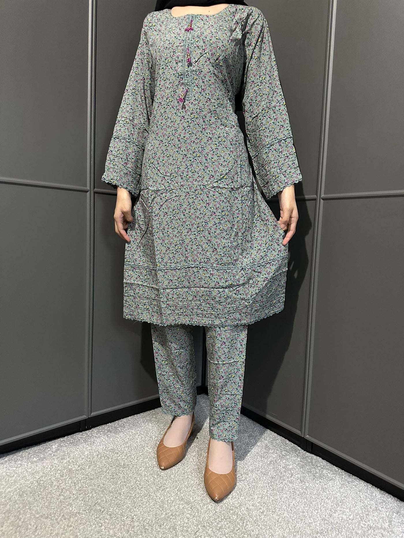 Floral Printed Stone Linen Suit - Trouser 2 Pc Set