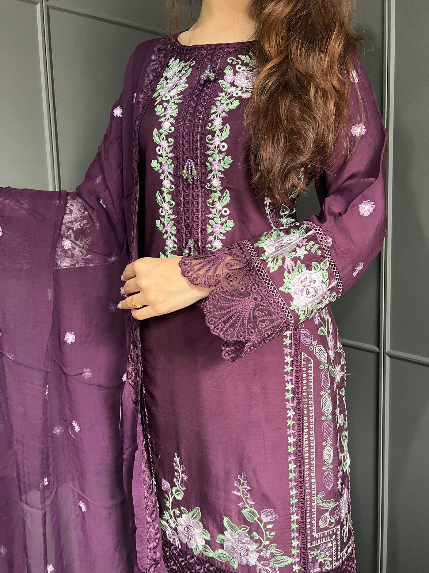 Plum - Viscose Embroidered Plazzo | Suit With Embroidered | Chiffon Dupatta