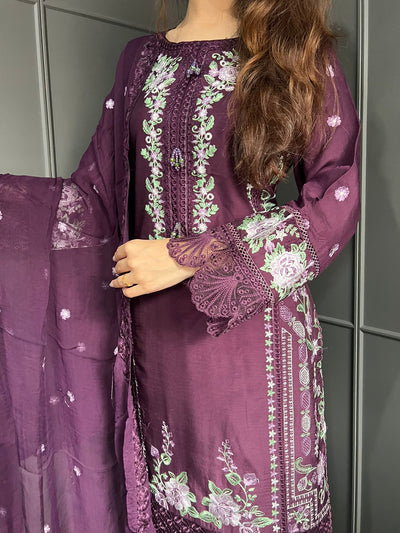 Plum - Viscose Embroidered Plazzo | Suit With Embroidered | Chiffon Dupatta