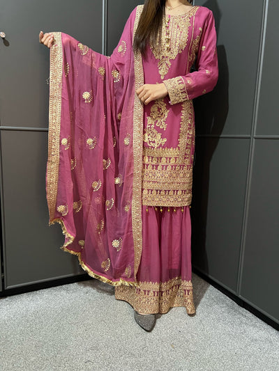 PINK- Embroidered Gharara Chiffon Mother & Daughter Ready to Wear Collection - Perfect for Family