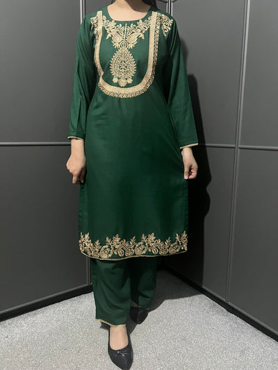 D-32 Embroidered  2 Piece Winter Dhanak Plazo Outfit