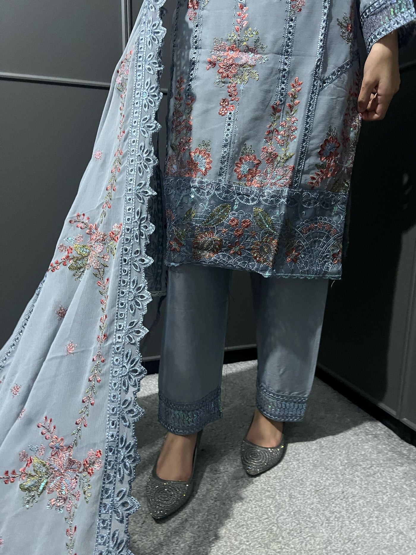 D-2 GRAY  3Pc Embroidered Chiffon Collection With Embroidered Chiffon Duptta