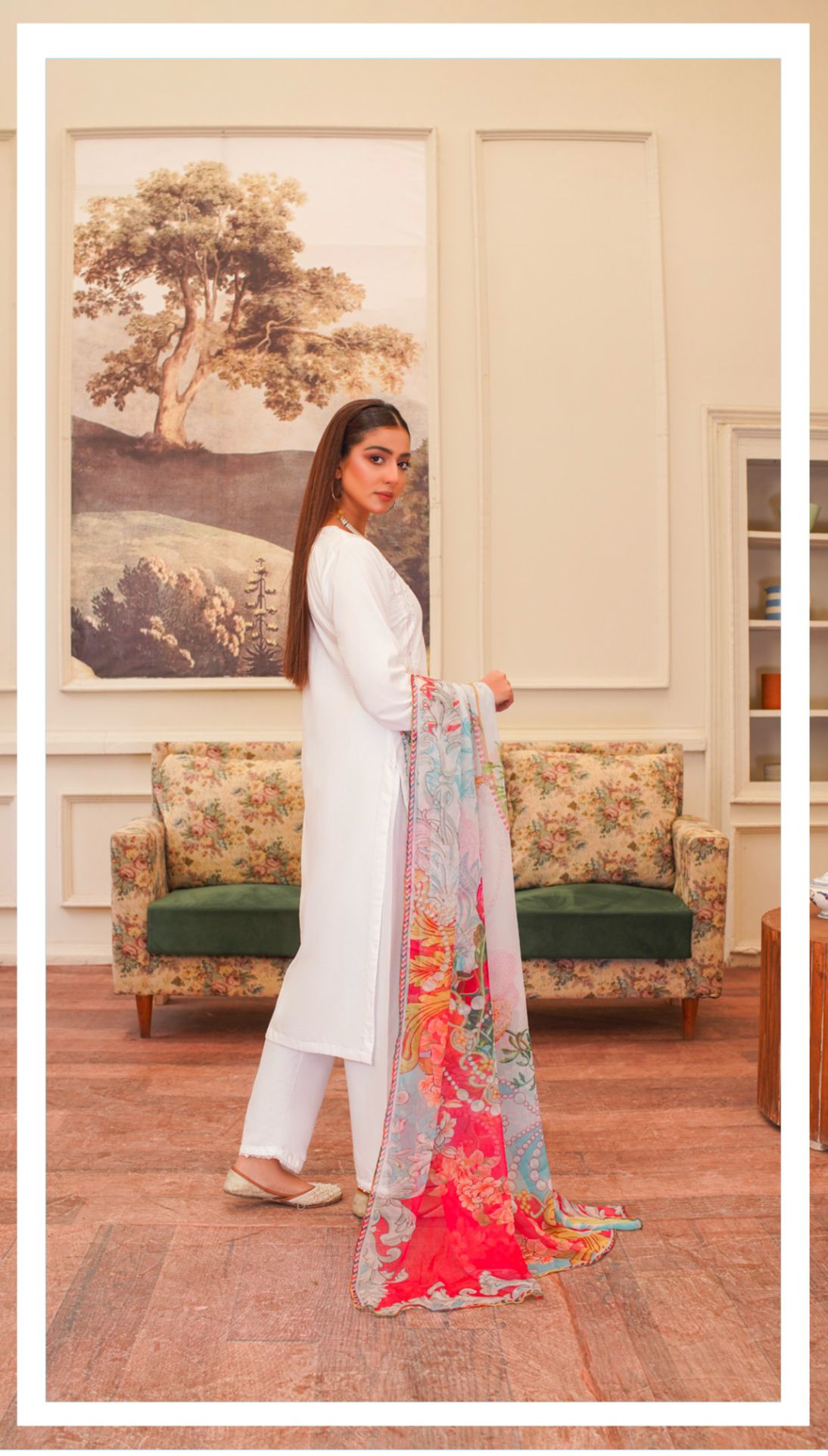 D-2 Embroidered Stone Linen Suit with Chiffon Dupatta - 3 Piece Set