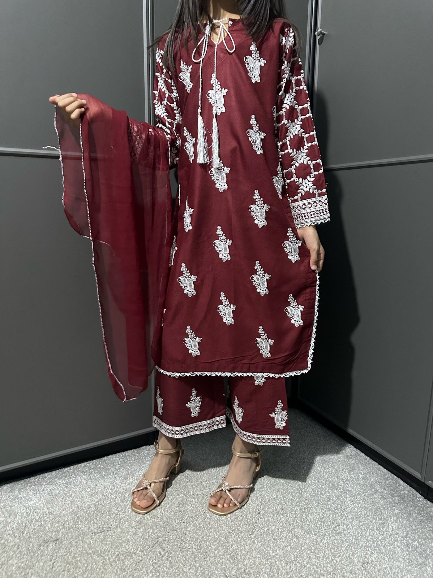 Maroon-Mother & Daughter Embroidered Linen Plazo Collection