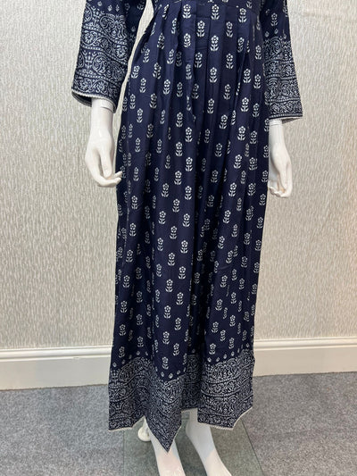 Block Print Linen Blue Maxi Dress