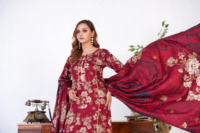 3 Pc Floral Printed Winter Linen Frock With Linen Dupatta D-605