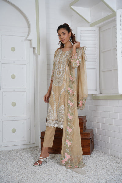 Premium Lawn 3 Piece Outfit With Embroidered Chiffon Dupatta Beige D-10A