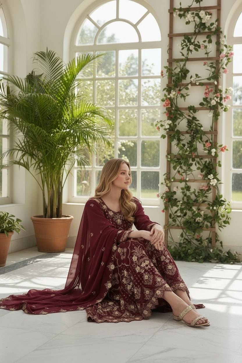 Maroon 3PC Ready to Wear | Chiffon Maxi Long Dress Shop
