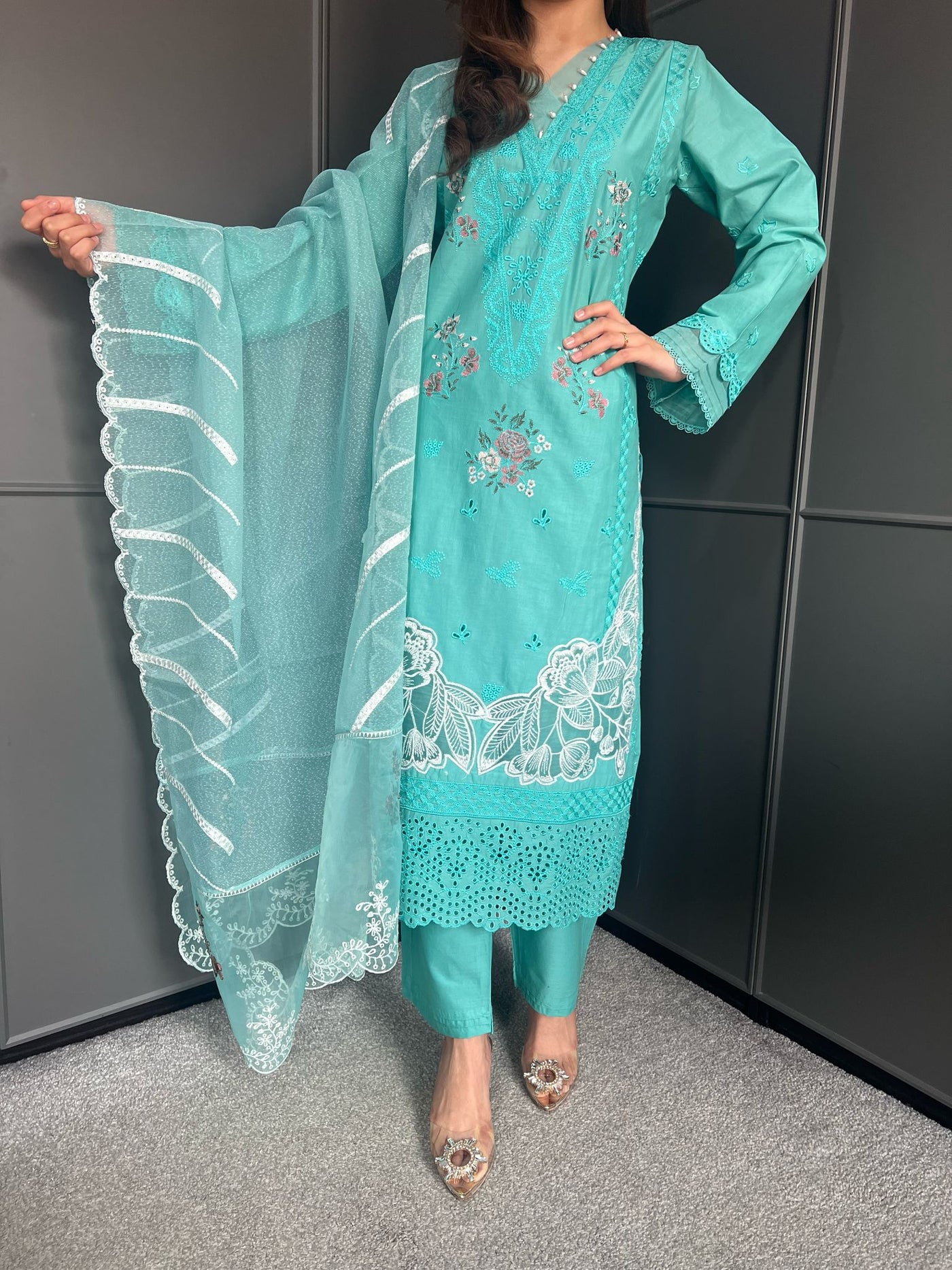 Embroidered Lawn Cotton Organza Suit with Organza Dupatta - Comfortable and Stylish