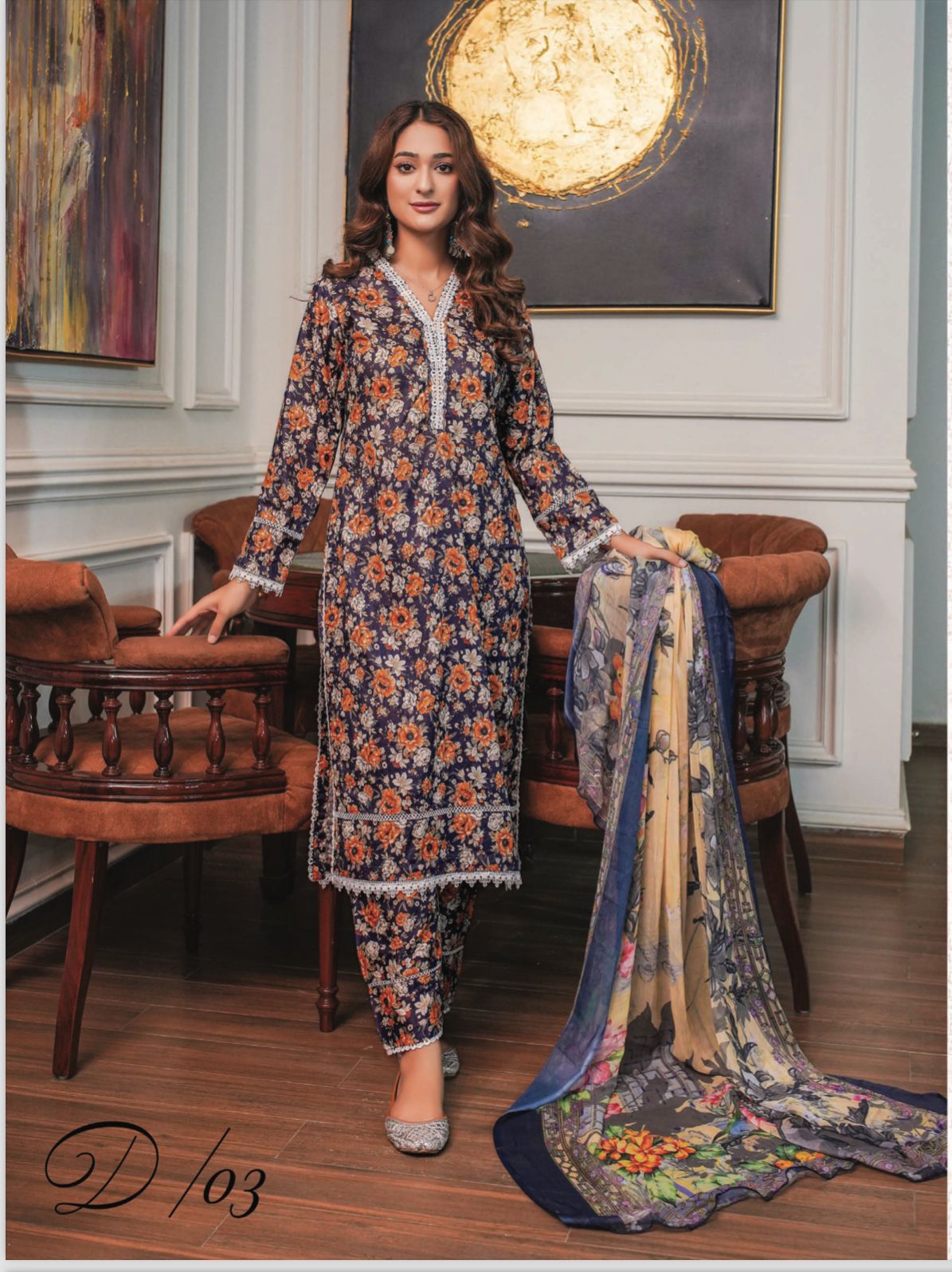 3 Pc Floral Printed Lawn Suit With Printed Chiffon Dupatta D-3