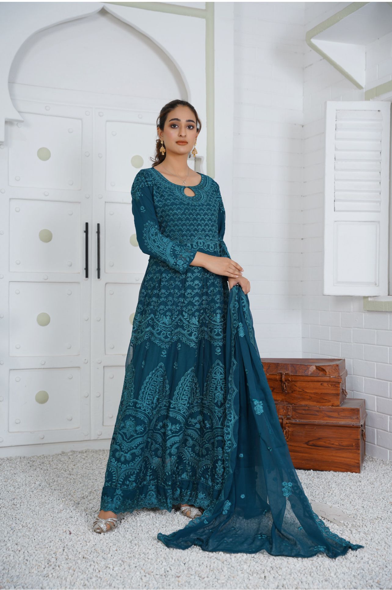 Mother & Daughter Ready to Wear Chiffon Maxi Dress Teal D-307| Shop Pakistani Dresses