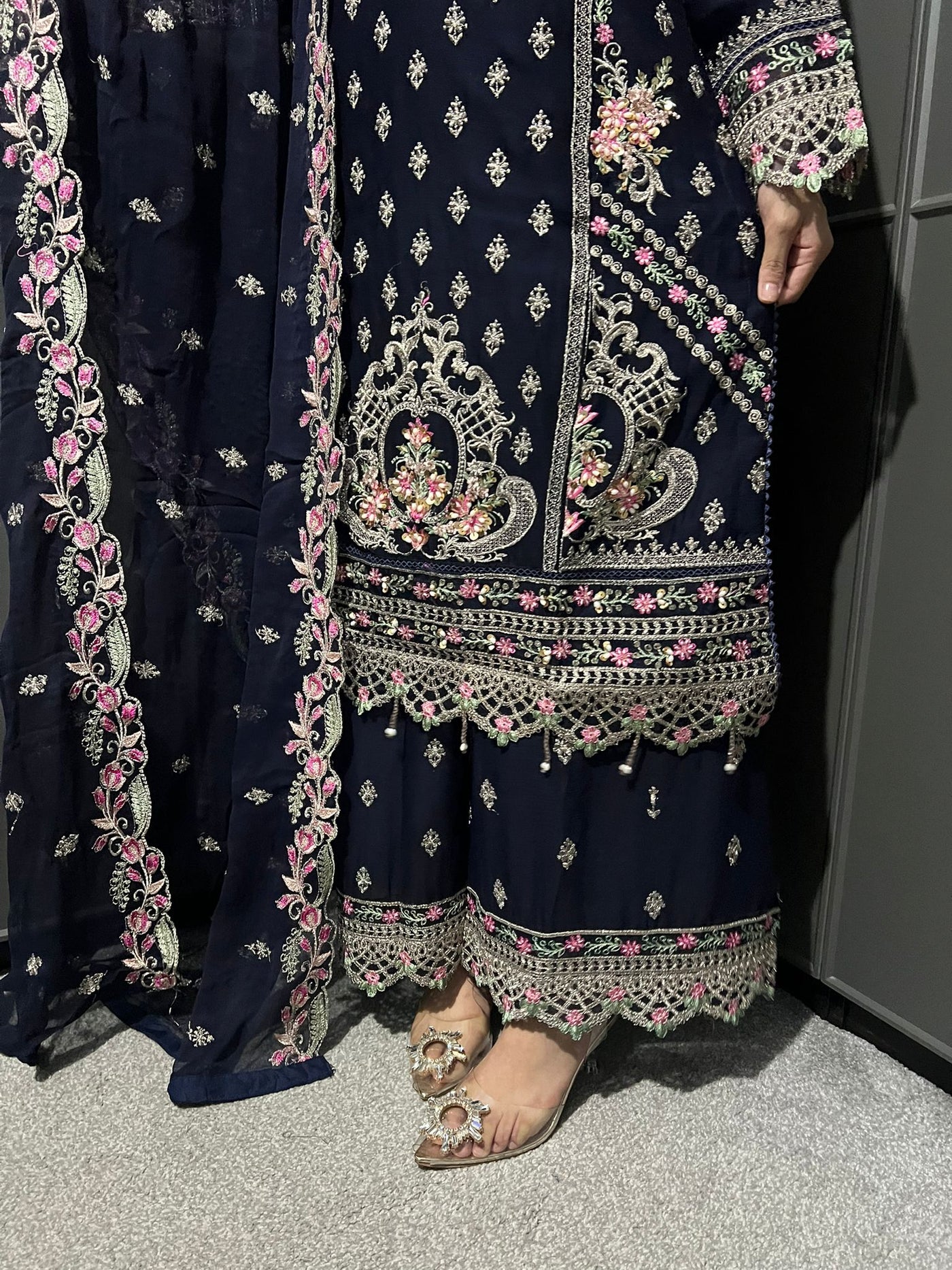 Blue 3Pc Plazzo Embroidered Chiffon Collection With Embroidered Chiffon Dupatta