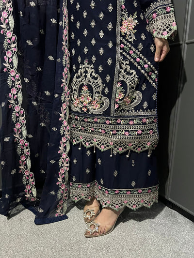 Blue 3Pc Plazzo Embroidered Chiffon Collection With Embroidered Chiffon Dupatta