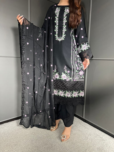 Black - Viscose Embroidered Plazzo | Suit With Embroidered | Chiffon Dupatta