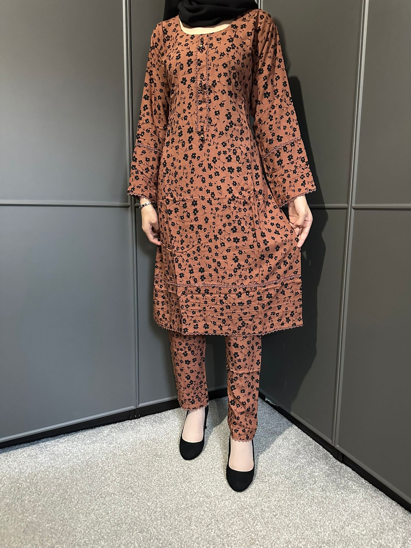 Floral Printed Stone Linen Suit - Trouser 2 Pc Set