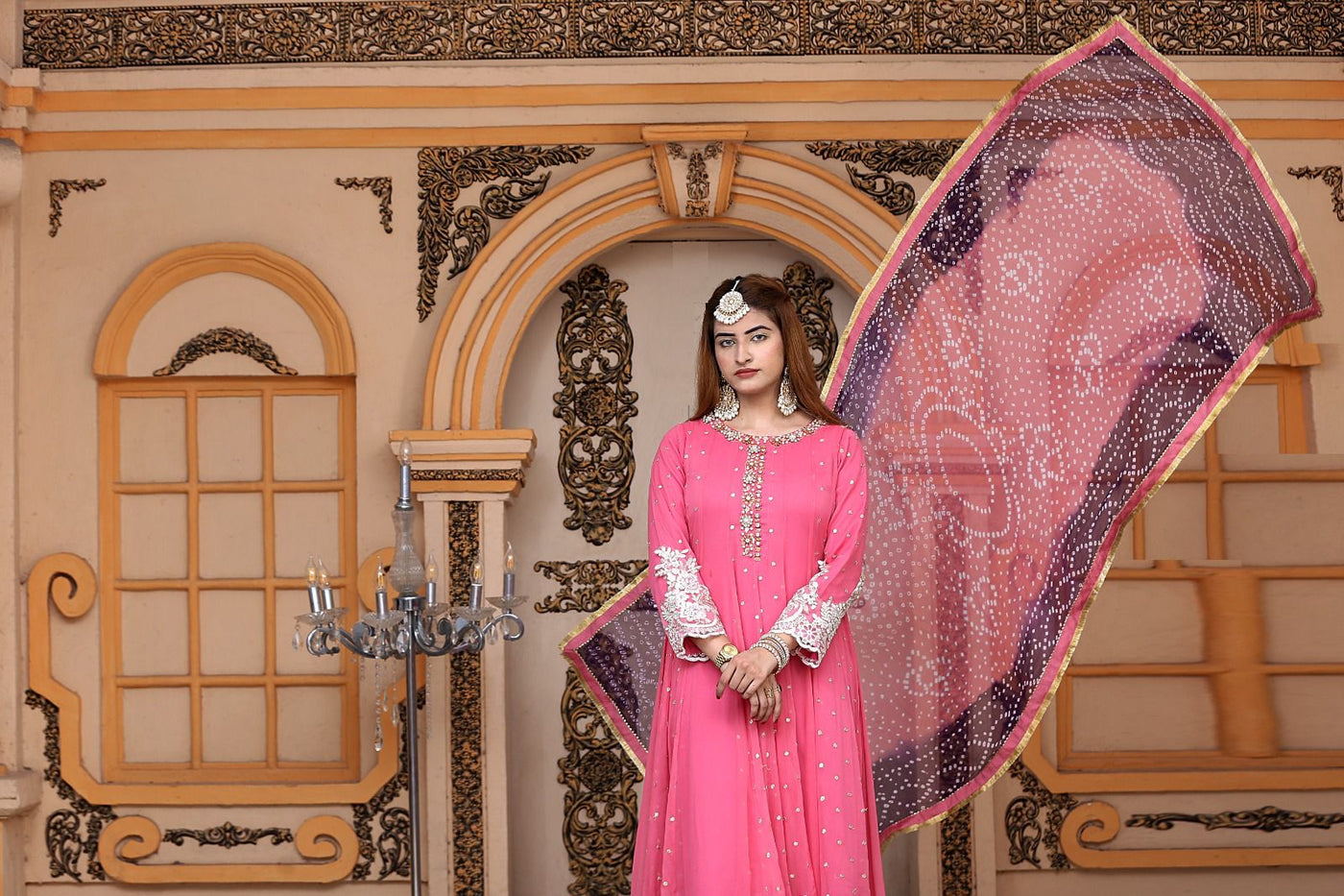 Pink Stitched 3 Piece Luxury Chiffon Maxi  D-224