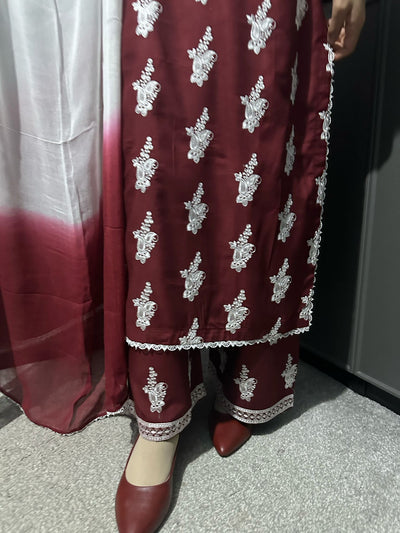 Maroon-Mother & Daughter Embroidered Linen Plazo Collection