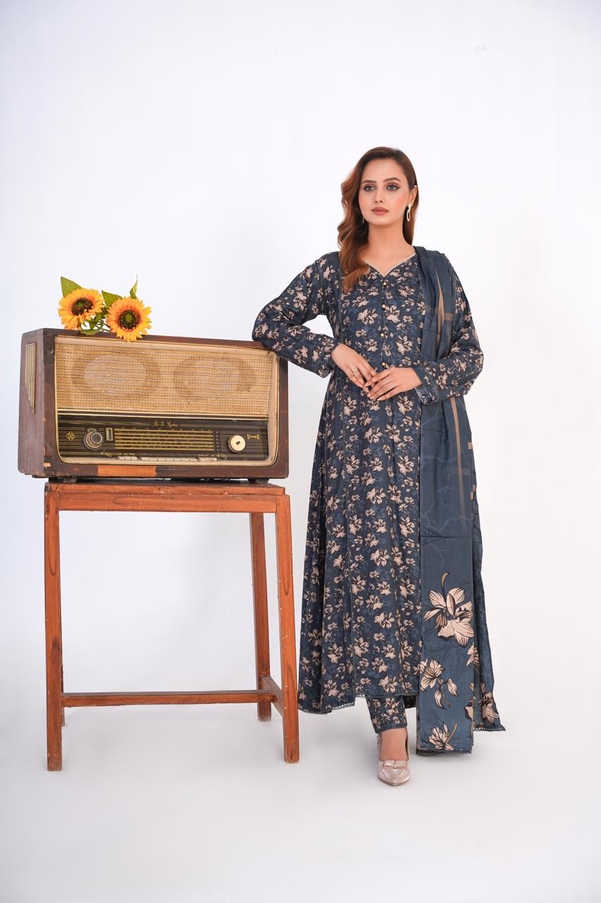 3 Pc Floral Printed Winter Linen Frock With Linen Dupatta D-604