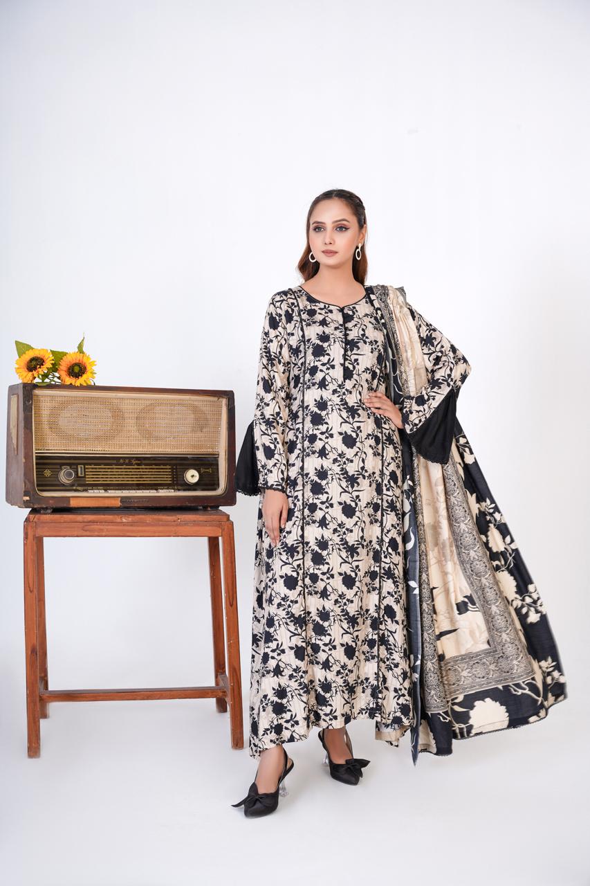 3 Pc Floral Printed Winter Linen Frock With Linen Dupatta D-304