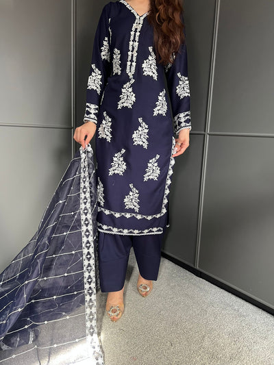 Blue- FARSHI SHALWAR|Embroidered Linen 3 Piece |Outfit for Women - Asian Clothing