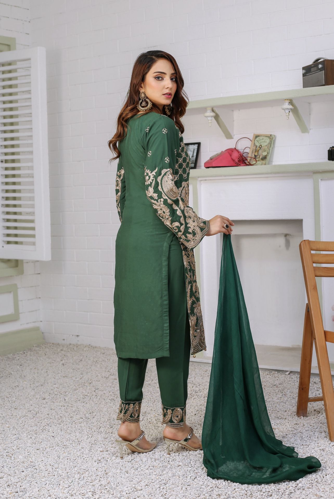 Embroidered Readymade Linen Mother & Daughter Suit Green TS-215 | Shop Pakistani Dresses