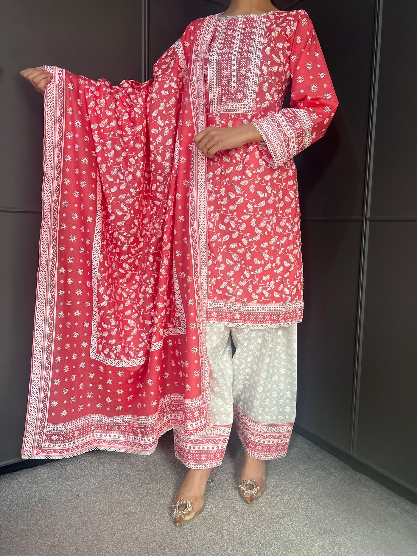 PEACH FARSHI SALWAR 3PC READYMADE SUIT  WITH LAWN DUPTTA